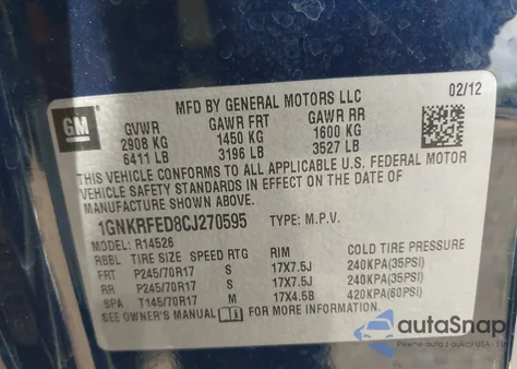 2012 Chevrolet Traverse Ls из США, поврежденный, VIN 1GNKRFED8CJ270595